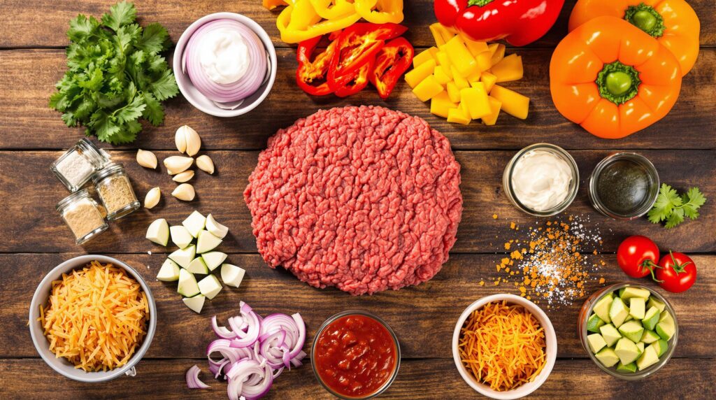 A collection of fresh ingredients for a ground beef recipe, including diced onions, minced garlic, a green bell pepper, tomato sauce, sour cream, avocado, and seasoned ground beef, all arranged on a kitchen counter.