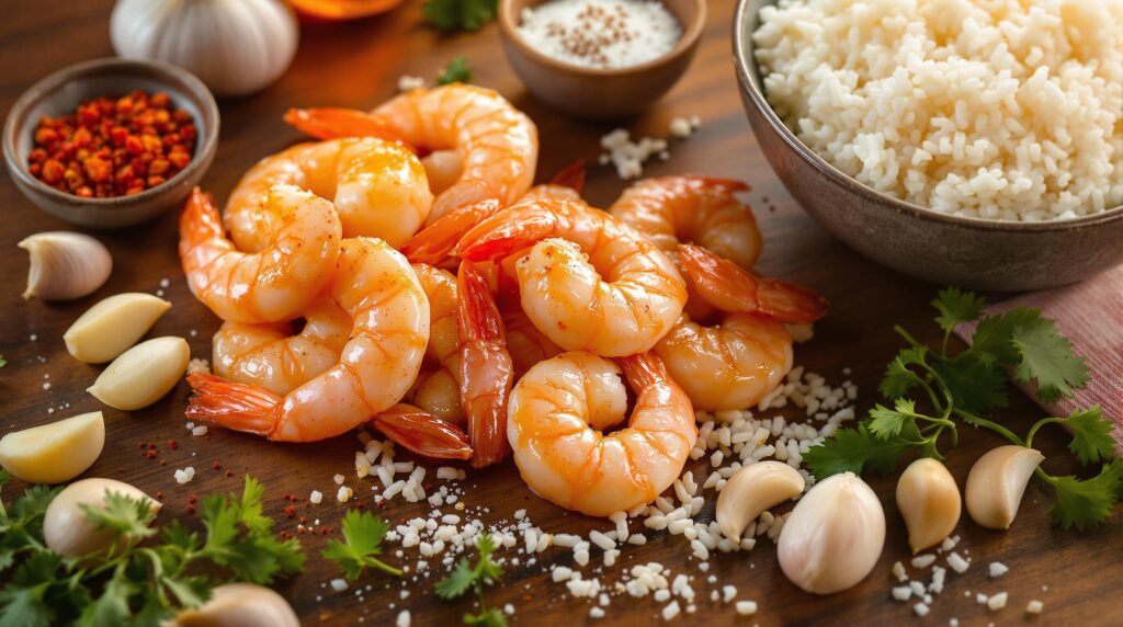 A wooden board featuring the ingredients for Spicy Garlic Shrimp and Rice, including shrimp, rice, garlic, chili flakes, and cilantro.