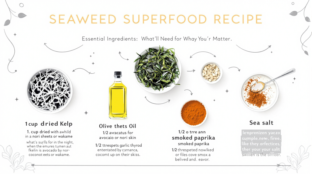 Essential Ingredients: What You’ll Need and Why They Matter
Here’s what goes into your Seaweed Superfood Recipe. Every ingredient has a job to make these kelp chips awesome!
1 Cup Dried Kelp (Found at Health Food Stores)
Why It’s Key: Kelp is the star! It’s full of iodine for your thyroid (that’s a gland that keeps you energized) and omega-3s for a happy heart.
Substitution: Try nori sheets (sushi seaweed) or wakame if kelp’s hard to find.
1 Tablespoon Olive Oil
Why It’s Key: Olive oil makes the kelp crispy and adds a yummy, smooth taste. Plus, it’s good for your skin!
Substitution: Swap with avocado oil or coconut oil for a different flavor.
1/2 Teaspoon Garlic Powder
Why It’s Key: Garlic powder gives a savory kick that makes these chips irresistible.
Substitution: Onion powder or a pinch of dried herbs works too.
1/2 Teaspoon Smoked Paprika
Why It’s Key: This spice adds a smoky, warm flavor that feels like a cozy hug.
Substitution: Use chili powder for heat or skip it for a simpler taste.
Pinch of Sea Salt
Why It’s Key: Salt brings out all the flavors and makes every bite pop!
Substitution: Try a low-sodium salt or leave it out if you’re watching salt.
With these simple ingredients, your Seaweed Superfood Recipe is ready to shine with health and flavor!. Essential Ingredients: What You’ll Need and Why They Matter
Here’s what goes into your Seaweed Superfood Recipe. Every ingredient has a job to make these kelp chips awesome!
1 Cup Dried Kelp (Found at Health Food Stores)
Why It’s Key: Kelp is the star! It’s full of iodine for your thyroid (that’s a gland that keeps you energized) and omega-3s for a happy heart.
Substitution: Try nori sheets (sushi seaweed) or wakame if kelp’s hard to find.
1 Tablespoon Olive Oil
Why It’s Key: Olive oil makes the kelp crispy and adds a yummy, smooth taste. Plus, it’s good for your skin!
Substitution: Swap with avocado oil or coconut oil for a different flavor.
1/2 Teaspoon Garlic Powder
Why It’s Key: Garlic powder gives a savory kick that makes these chips irresistible.
Substitution: Onion powder or a pinch of dried herbs works too.
1/2 Teaspoon Smoked Paprika
Why It’s Key: This spice adds a smoky, warm flavor that feels like a cozy hug.
Substitution: Use chili powder for heat or skip it for a simpler taste.
Pinch of Sea Salt
Why It’s Key: Salt brings out all the flavors and makes every bite pop!
Substitution: Try a low-sodium salt or leave it out if you’re watching salt.
With these simple ingredients, your Seaweed Superfood Recipe is ready to shine with health and flavor!. Crea esta imagen. Escribe su título, escribe su caption, escribe su alt text y su descripción. La focus keyword es la siguiente: "Seaweed Superfood Recipe". 