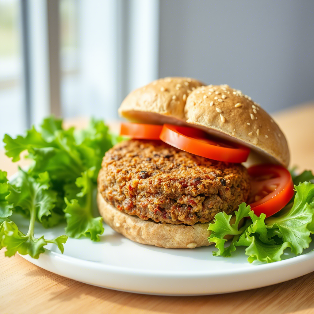 A juicy veggie burger made with pea protein, served on a bun with fresh toppings, showcasing its appetizing appearance.