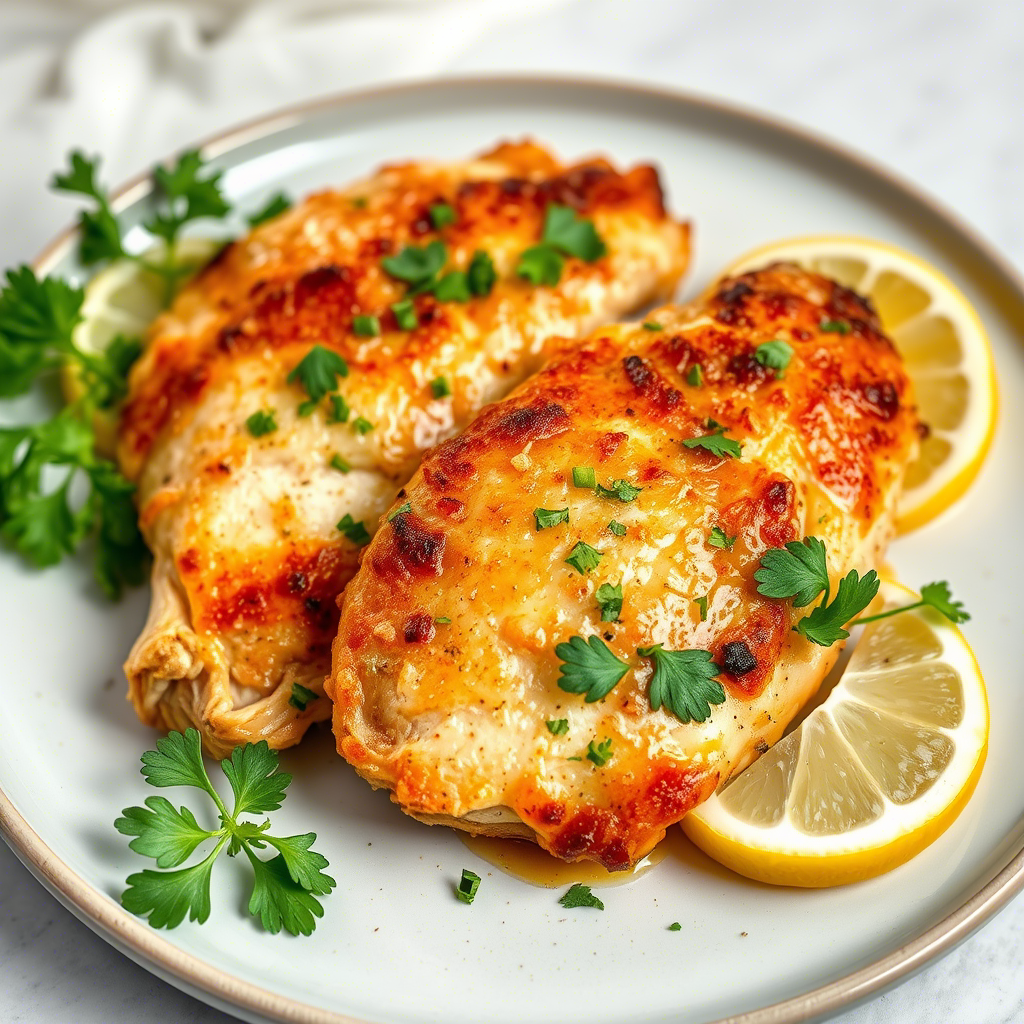 Permesan Chicken garnished with lemon slices and fresh parsley.