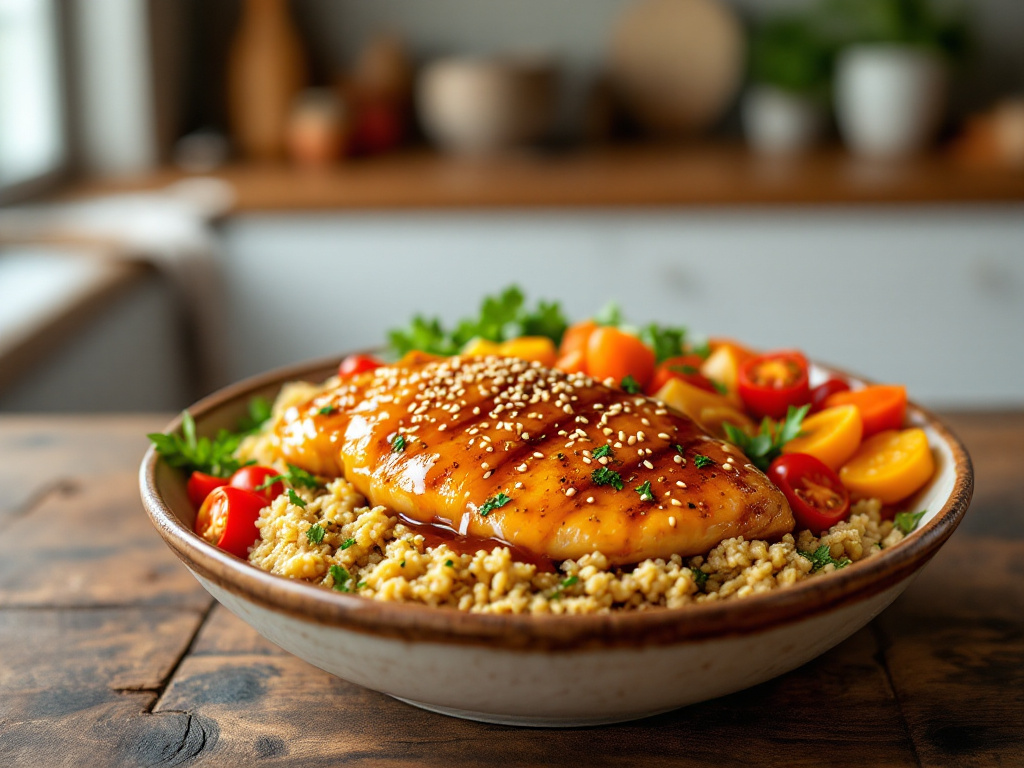 vibrant and nutritious Honey Chicken Bowles, featuring tender chicken glazed with honey, accompanied by colorful vegetables and wholesome grains, offering a healthier meal option.