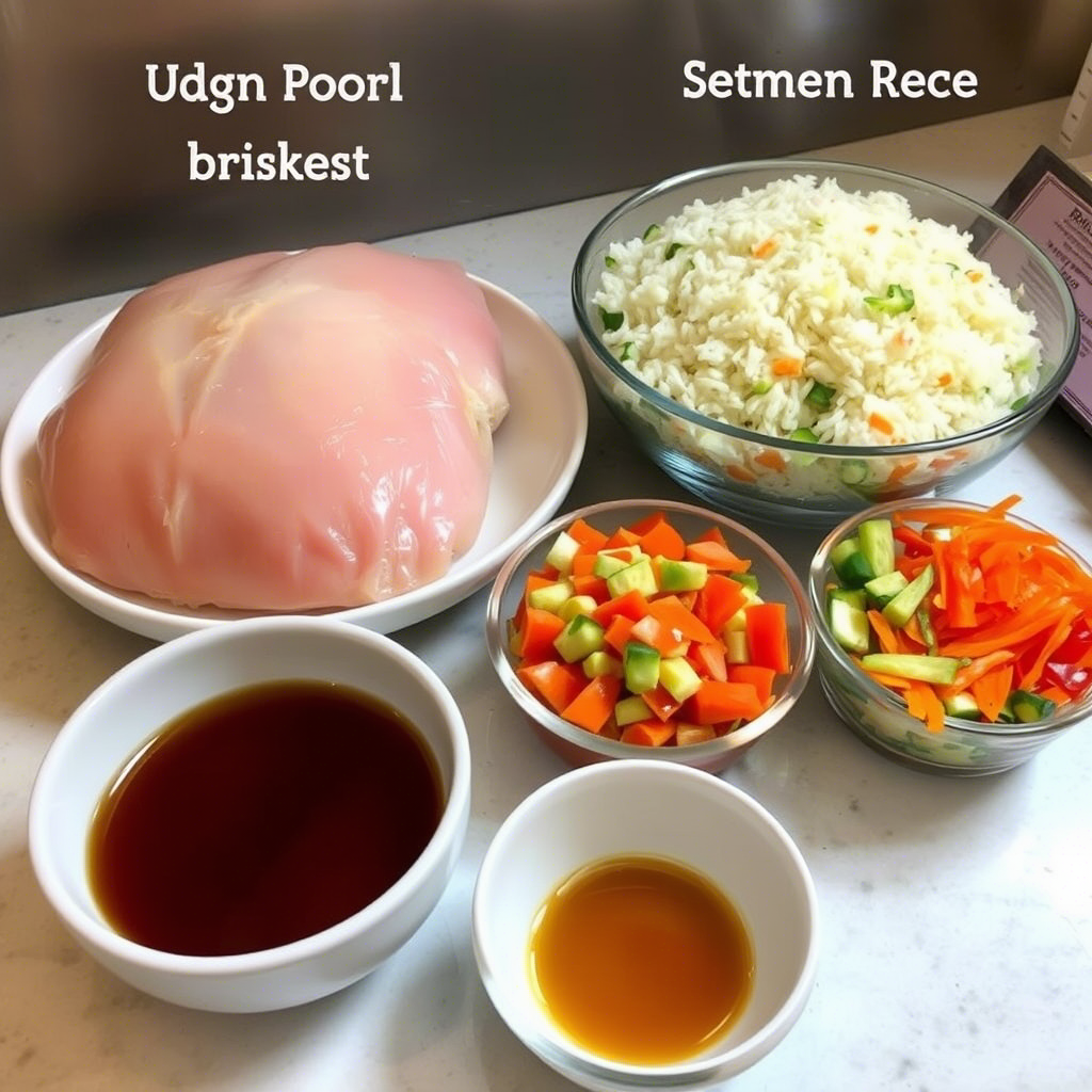 Ingredients for a Chicken Rice Bowl, featuring chicken breast, cooked rice with vegetables, diced carrots and cucumbers, and flavorful sauces, all arranged neatly for preparation.