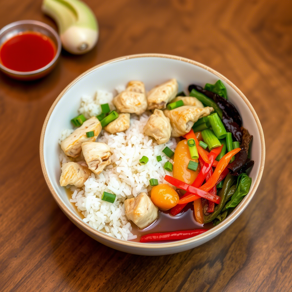 Ingredients for a Chicken Rice Bowl, featuring chicken breast, cooked rice with vegetables, diced carrots and cucumbers, and flavorful sauces, all arranged neatly for preparation.