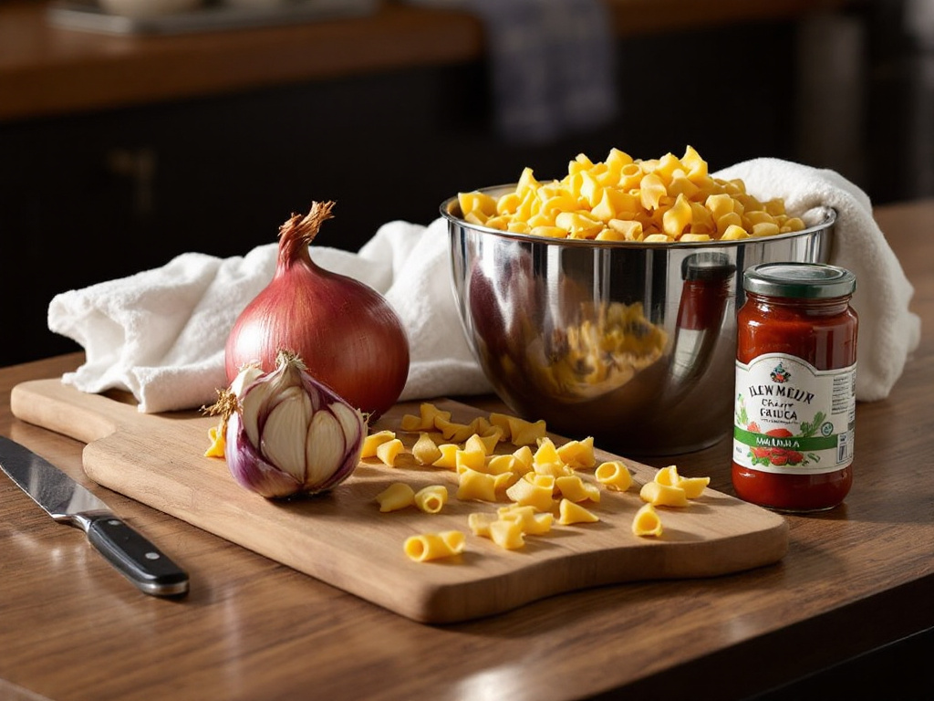 A collection of essential ingredients for Beef and Bowtie Pasta, featuring bowtie pasta, ground beef, onion, garlic, marinara sauce, heavy cream, and Parmesan cheese, all neatly arranged on a clean kitchen counter.