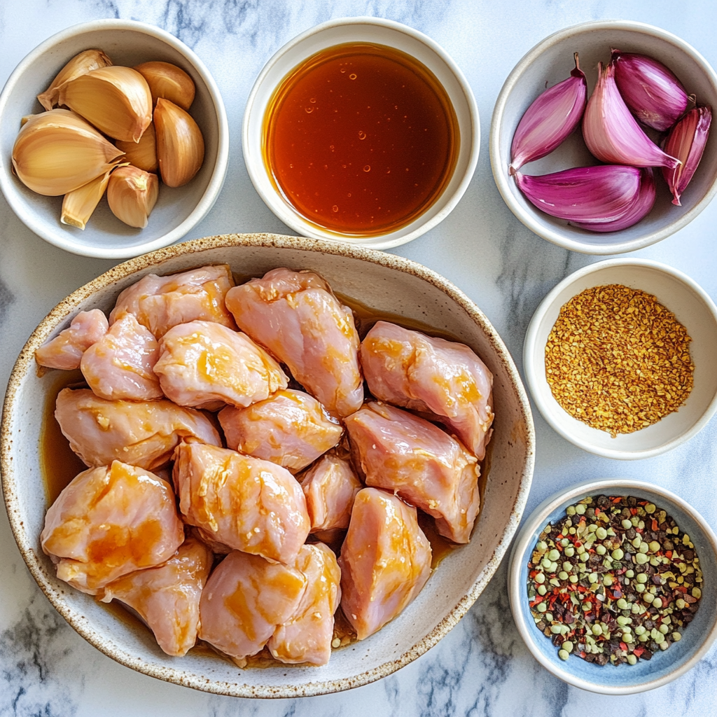 Ingredients for Honey Chicken Bowles including marinated chicken strips, garlic, honey sauce, shallots, and spices.