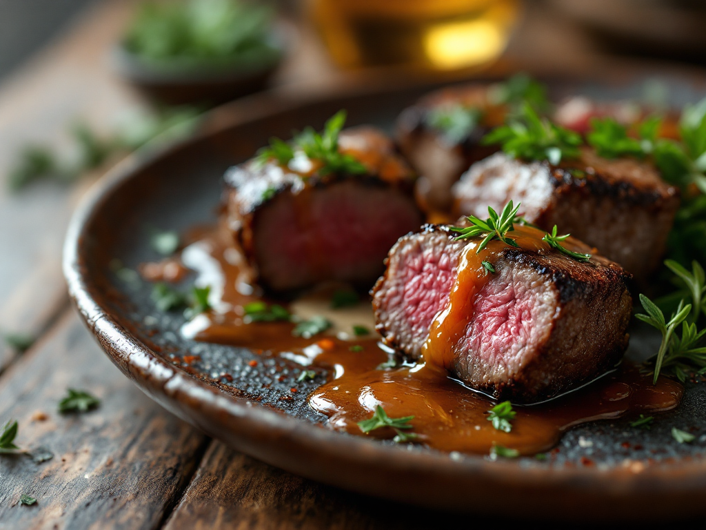 Juicy Beef Bites served on a plate with a rich sauce and garnished with fresh herbs.