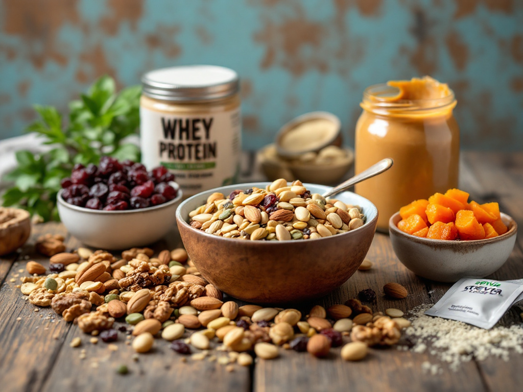 Essential ingredients for customized functional snack recipes, including nuts, seeds, nut butter, dried fruits, protein powder, and sweeteners.