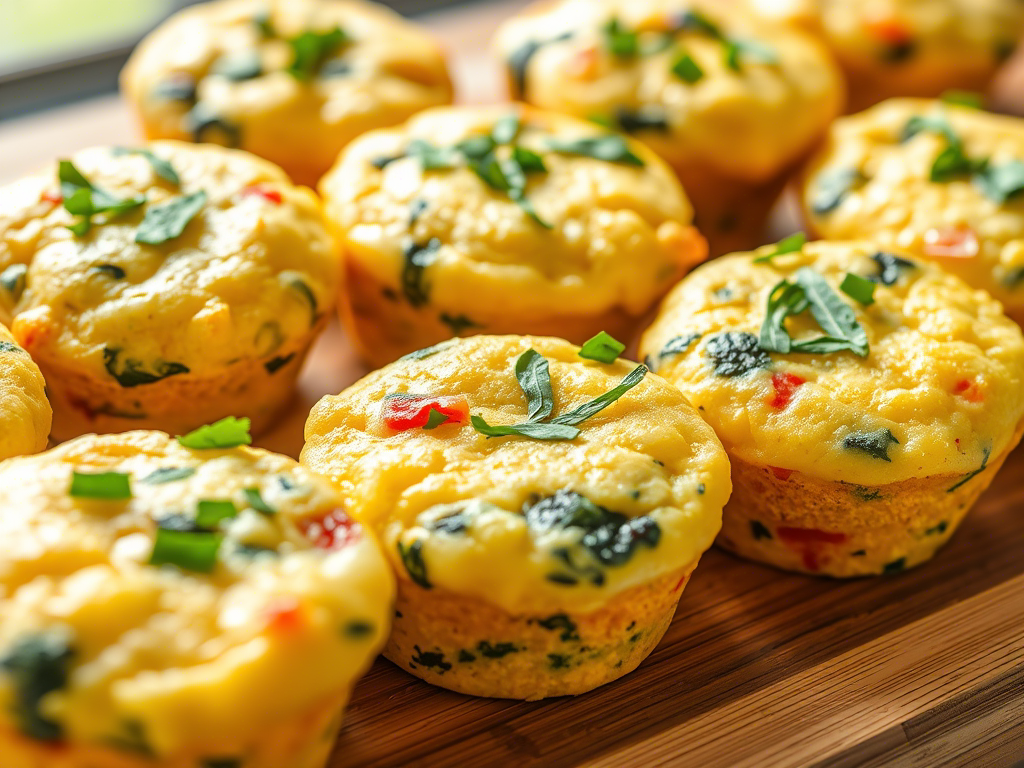 A close-up of egg muffins with spinach and red peppers, arranged on a wooden board, showcasing a healthy and portable breakfast option. Healthy Recipes for Busy Mornings.