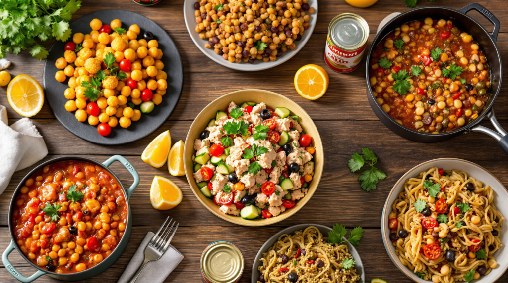 A spread of healthy dishes made with canned foods, featuring chickpea stew, tuna salad, and spaghetti with chickpeas, showcasing Healthy Recipes with Canned Foods on a rustic wooden table.