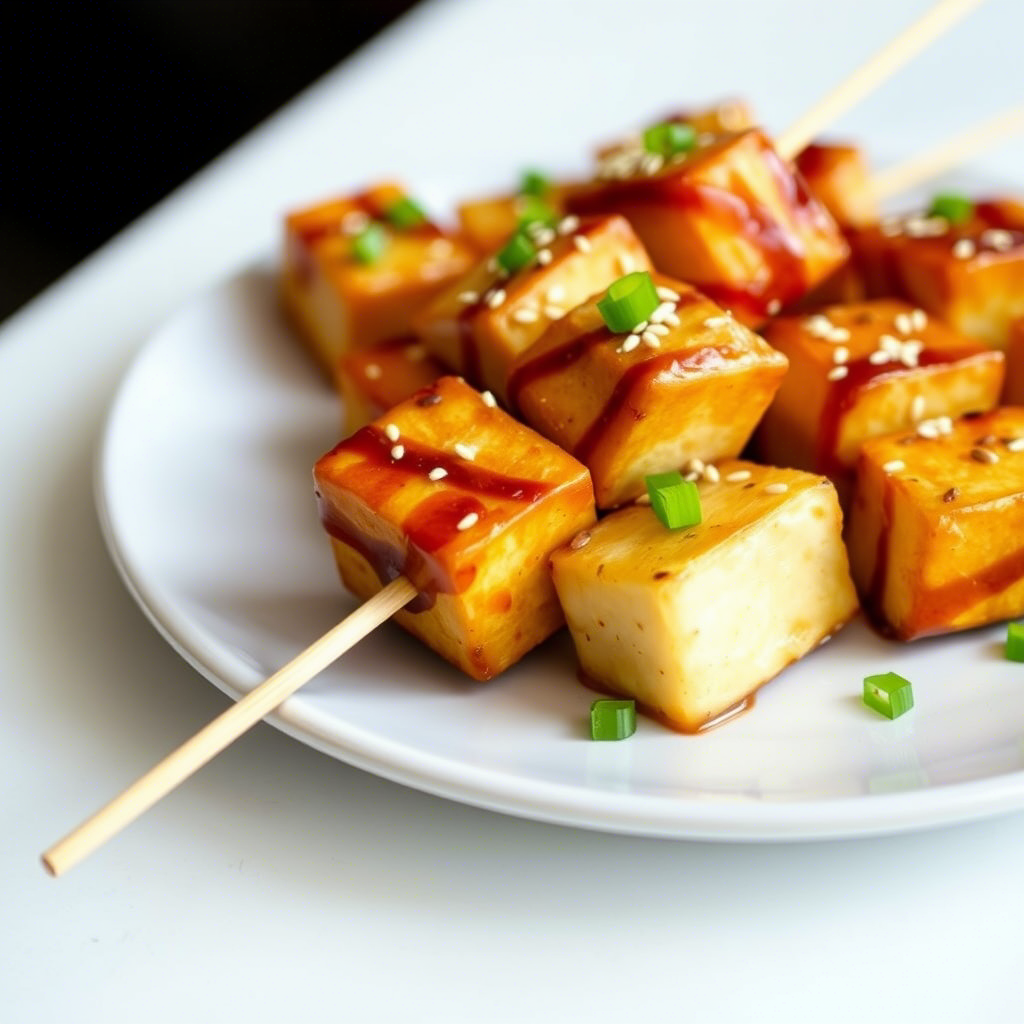 Tofu skewers glazed with yuzu sauce, garnished with sesame seeds and green onions, showcasing the use of yuzu fruit in Asian-inspired dishes.