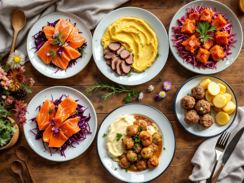 A collage of six Nordic diet dishes, including fish, vegetables, and whole grains.