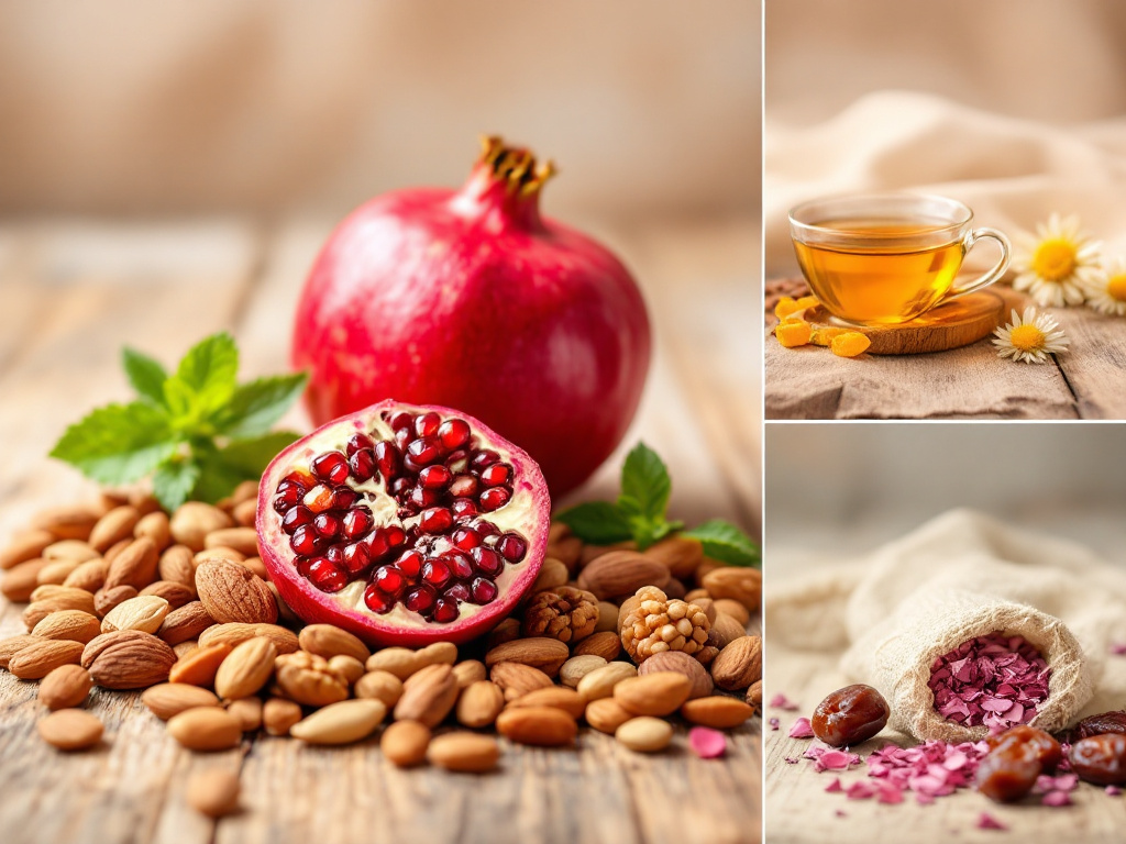 A collage of six healthy treats including fruits, nuts, and herbal teas, designed to relieve stress.