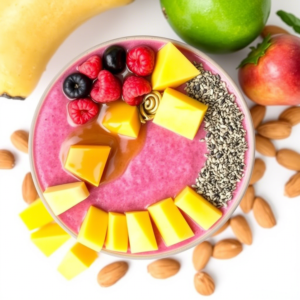 A vibrant pink Moringa Superfood Smoothie Bowl topped with sliced mango, raspberries, blueberries, and chia seeds, surrounded by almonds and fresh fruits. Discover the delicious benefits of Moringa Superfood Recipes for a nutritious breakfast.