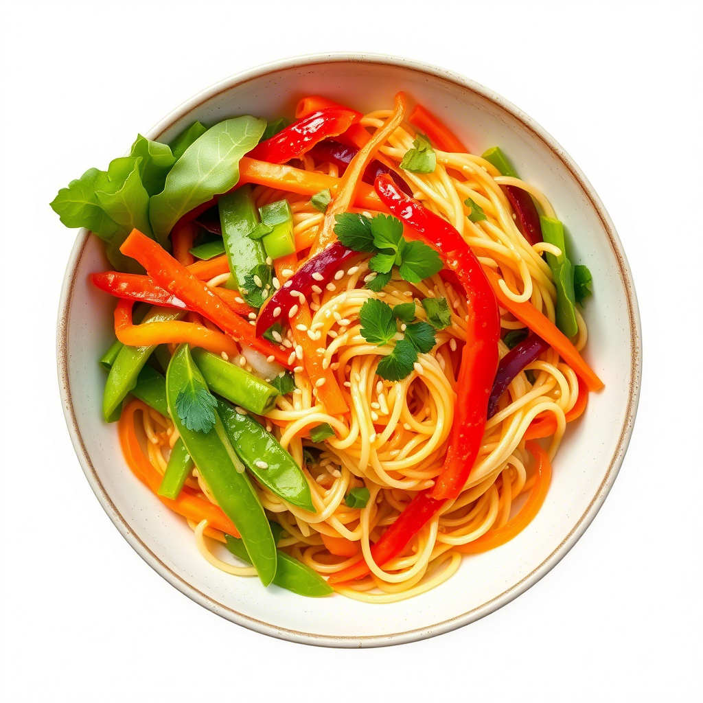 A bowl of noodles tossed in yuzu sauce with colorful vegetables, showcasing the use of yuzu fruit in Asian-inspired dishes.