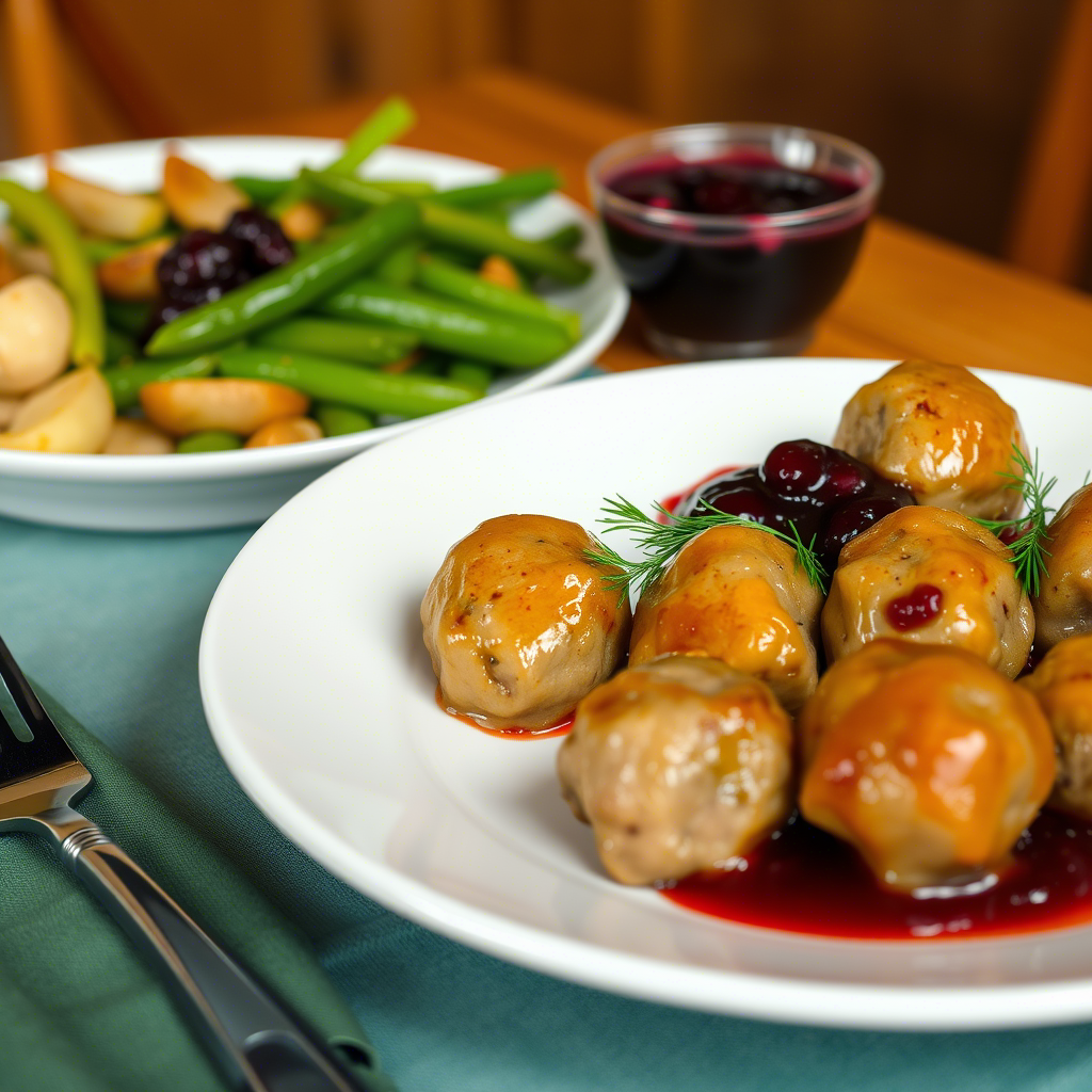 A plate of Nordic meatballs garnished with dill and lingonberries, accompanied by a side of green beans and potatoes.