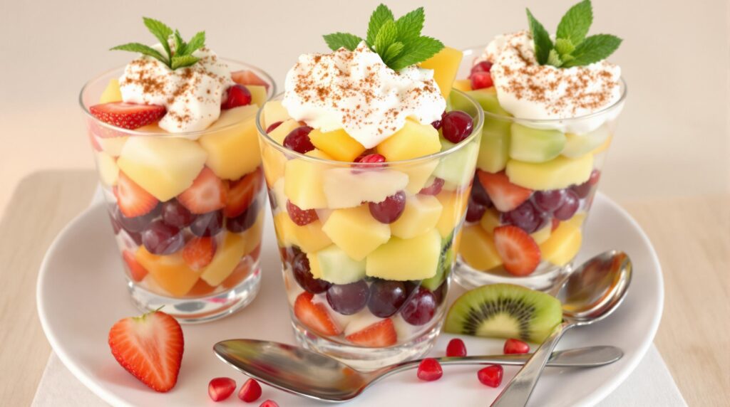 Glasses of layered fruit salad with canned pineapple, grapes, and fresh strawberries, topped with whipped cream and mint leaves.