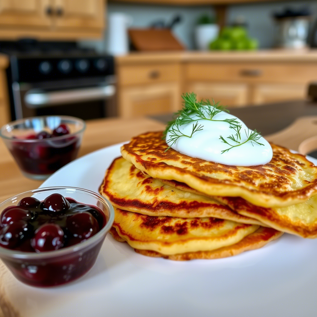 A stack of golden pancakes topped with cream and fresh dill, served with a side of berry compote, showcasing Nordic diet recipes.