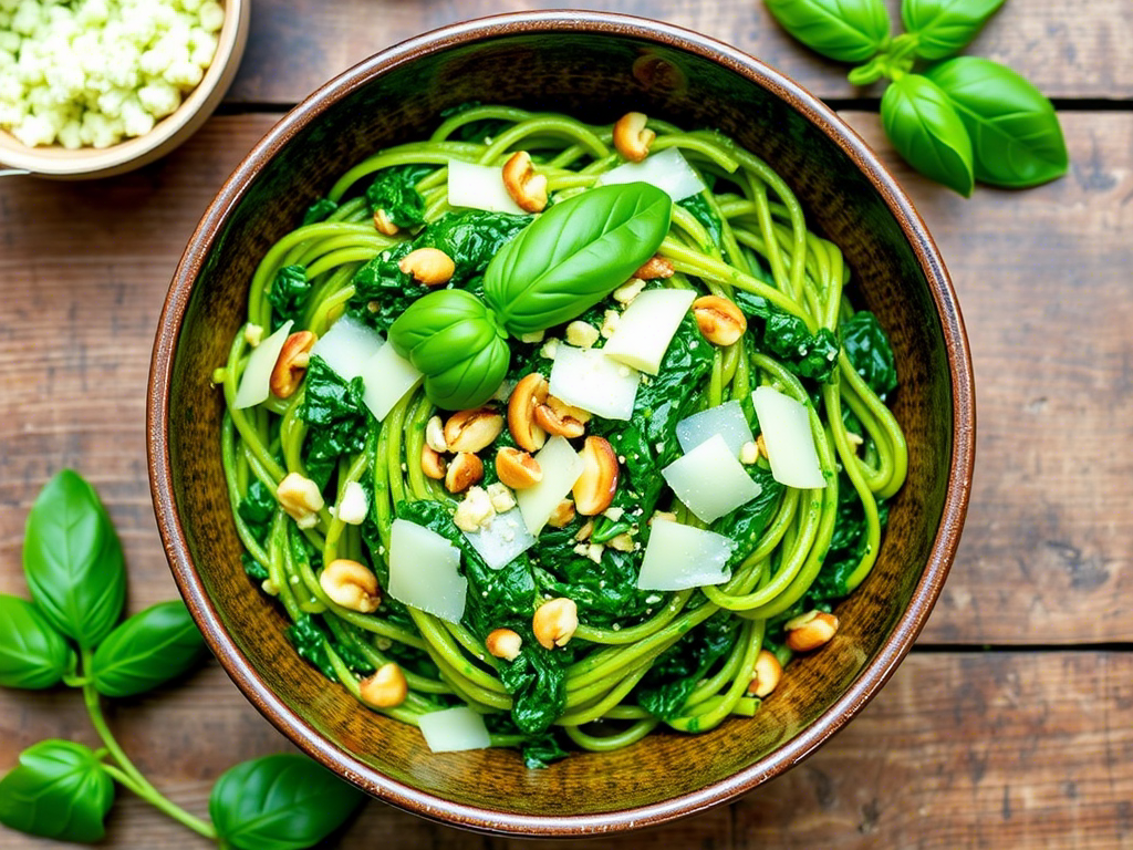  A bowl of pasta made with Foraged Wild Ingredient Recipes, featuring fresh greens, nuts, and cheese, garnished with basil leaves on a rustic wooden table.