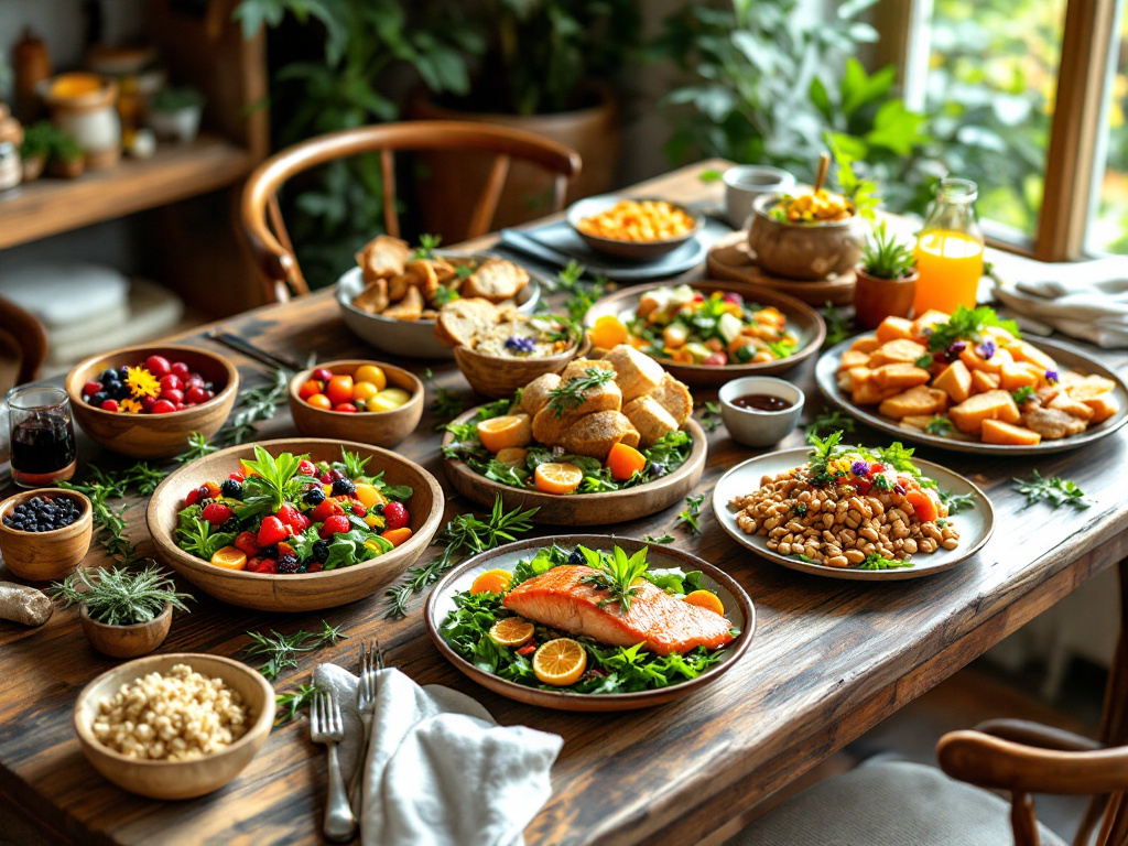 A vibrant and colorful array of seven dishes, each carefully crafted to support cognitive health, arranged beautifully on a table. These dishes are part of the Recipes for Cognitive Health collection, designed to boost brain function and overall well-being.