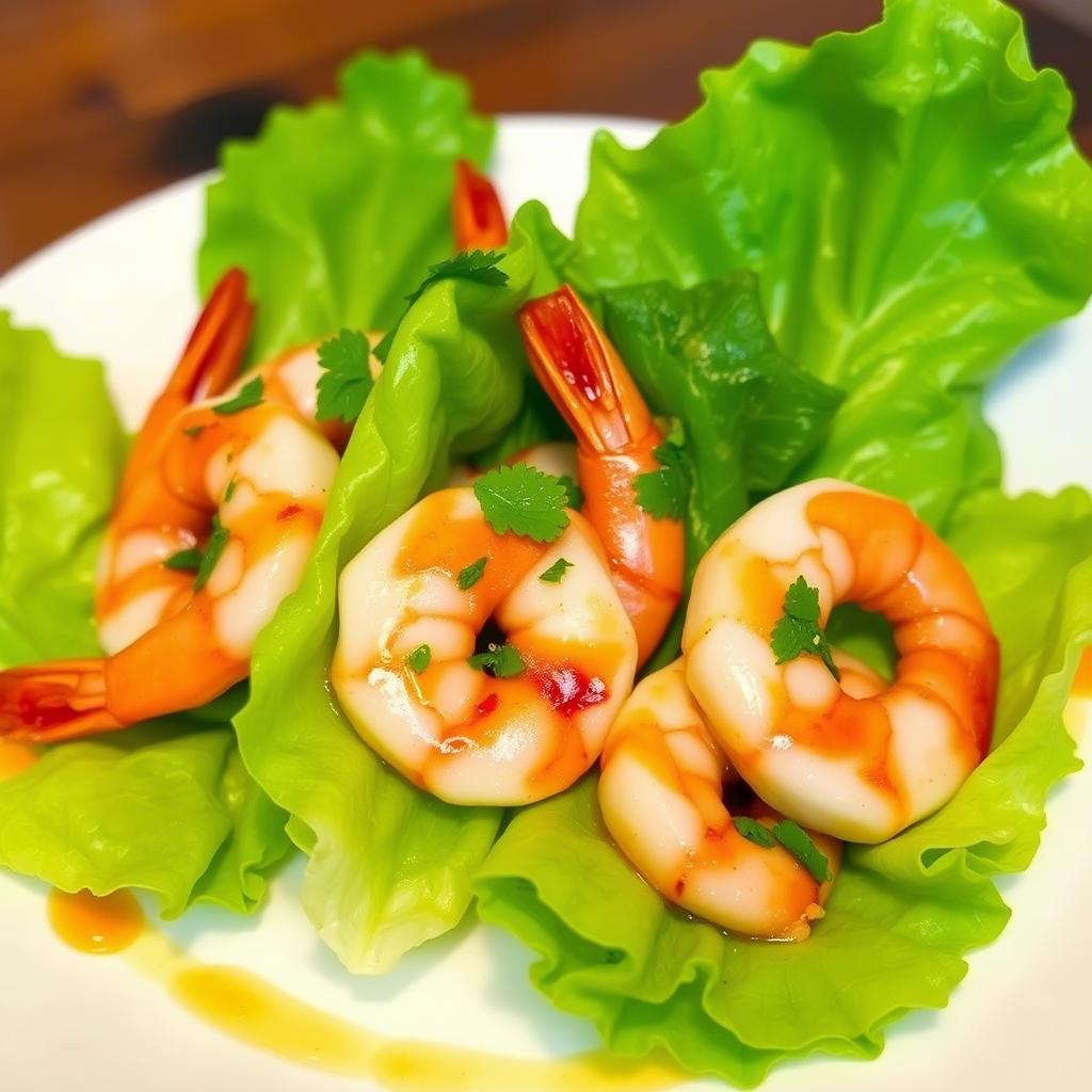 Yuzu-marinated shrimp served on lettuce leaves, showcasing the use of yuzu fruit in Asian-inspired dishes.