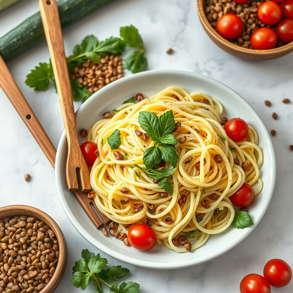 A plate of spaghetti with lentils, cherry tomatoes, and herbs, showcasing one of many delicious Alternative Pasta Recipes.