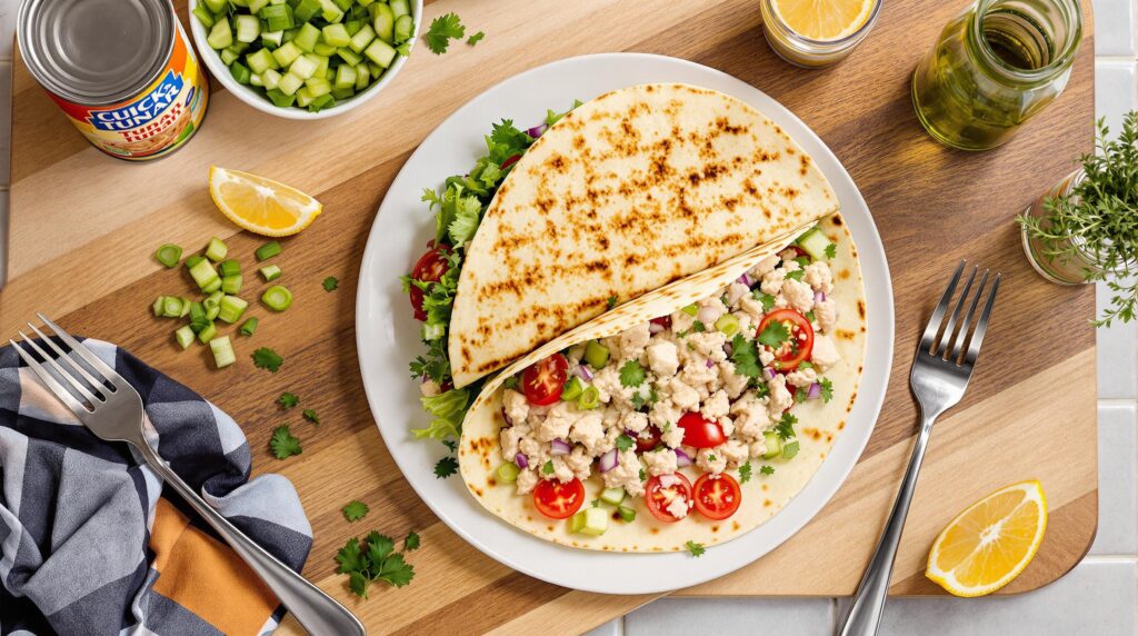 A plate with two pita breads filled with a mix of canned tuna, diced cucumbers, tomatoes, red onions, and cilantro, garnished with lemon slices and fresh herbs, with a can of tuna and chopped vegetables in the background.