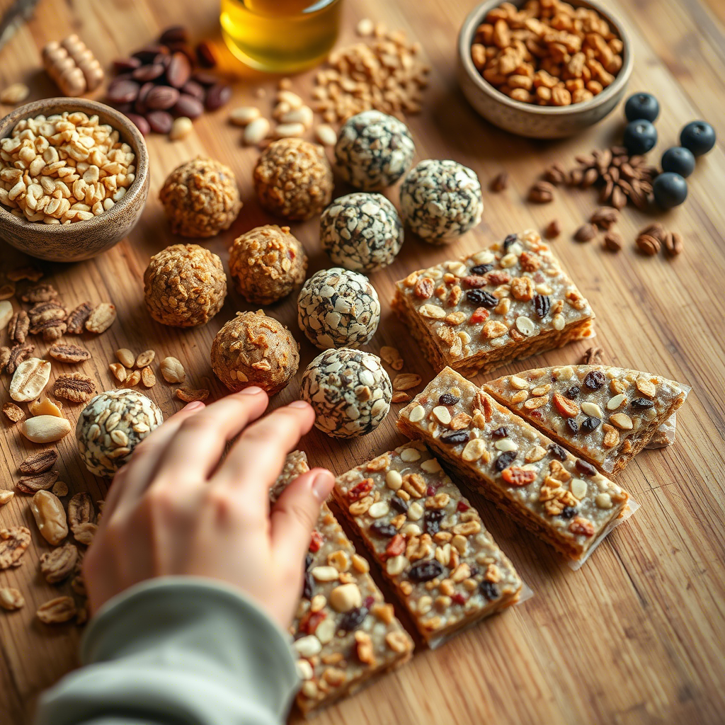 A variety of customized functional snack recipes, including energy bars, protein balls, and nut mixes, arranged on a wooden board.