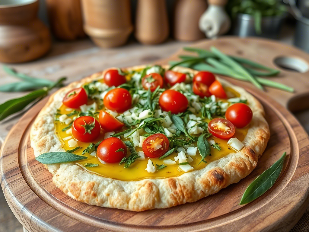 A rustic flatbread topped with cherry tomatoes, fresh herbs, and chopped onions, showcasing foraged wild ingredients.