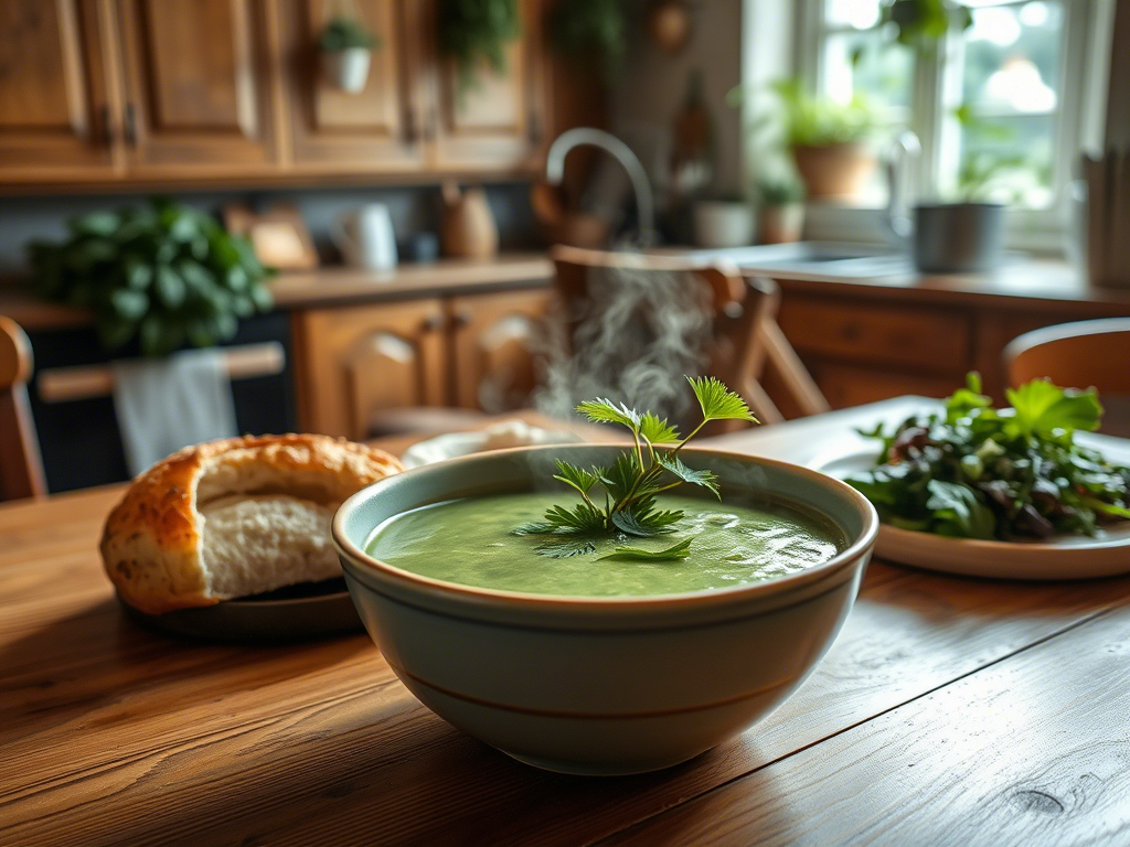 A bowl of green soup garnished with fresh herbs, served with a side of bread and a salad on a rustic wooden table.