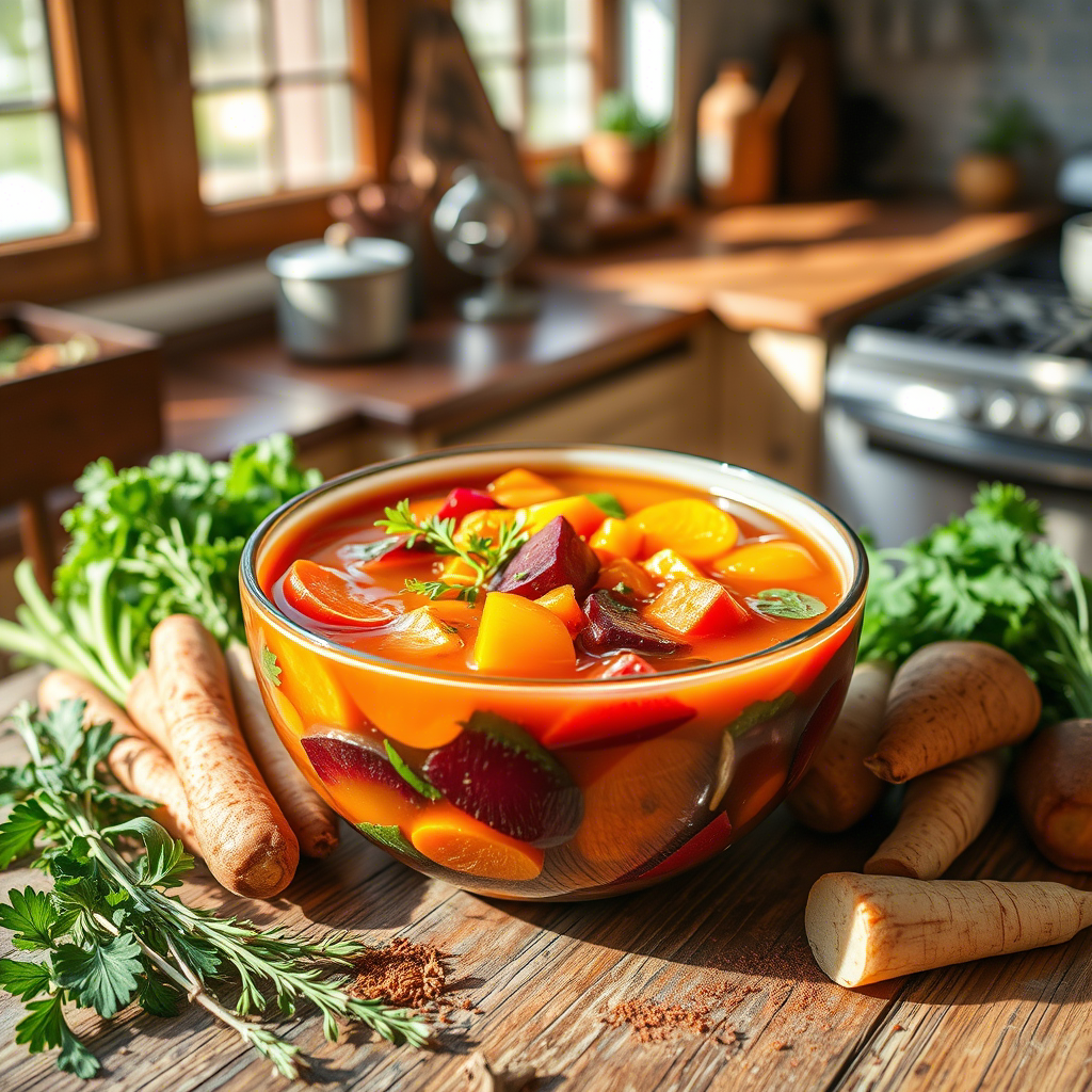 A vibrant bowl of vegetable soup featuring colorful carrots, beets, and fresh herbs, set on a rustic wooden table, highlighting the use of local ingredients in anti-inflammatory cuisine.