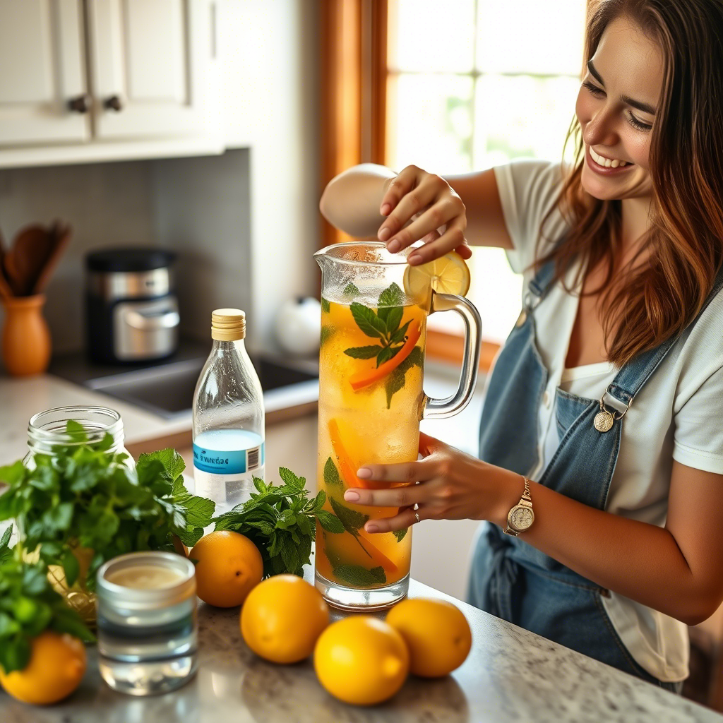 A woman preparing a A woman preparing a refreshing Relaxing Non-Alcoholic Cocktails with lemons, oranges, and mint leaves in a kitchen.