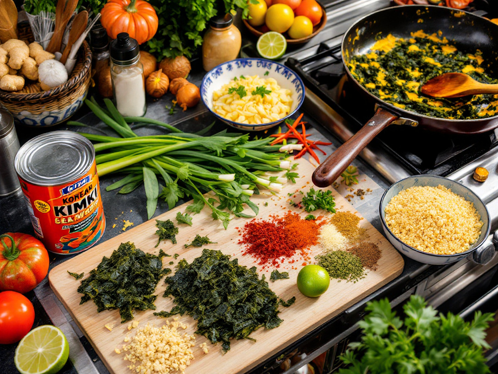 A vibrant image showcasing a variety of Healthy Recipes with Canned Seaweed, including soups, salads, and stir-fries, all beautifully arranged on a rustic wooden table. Healthy Recipes with Canned Seaweed.