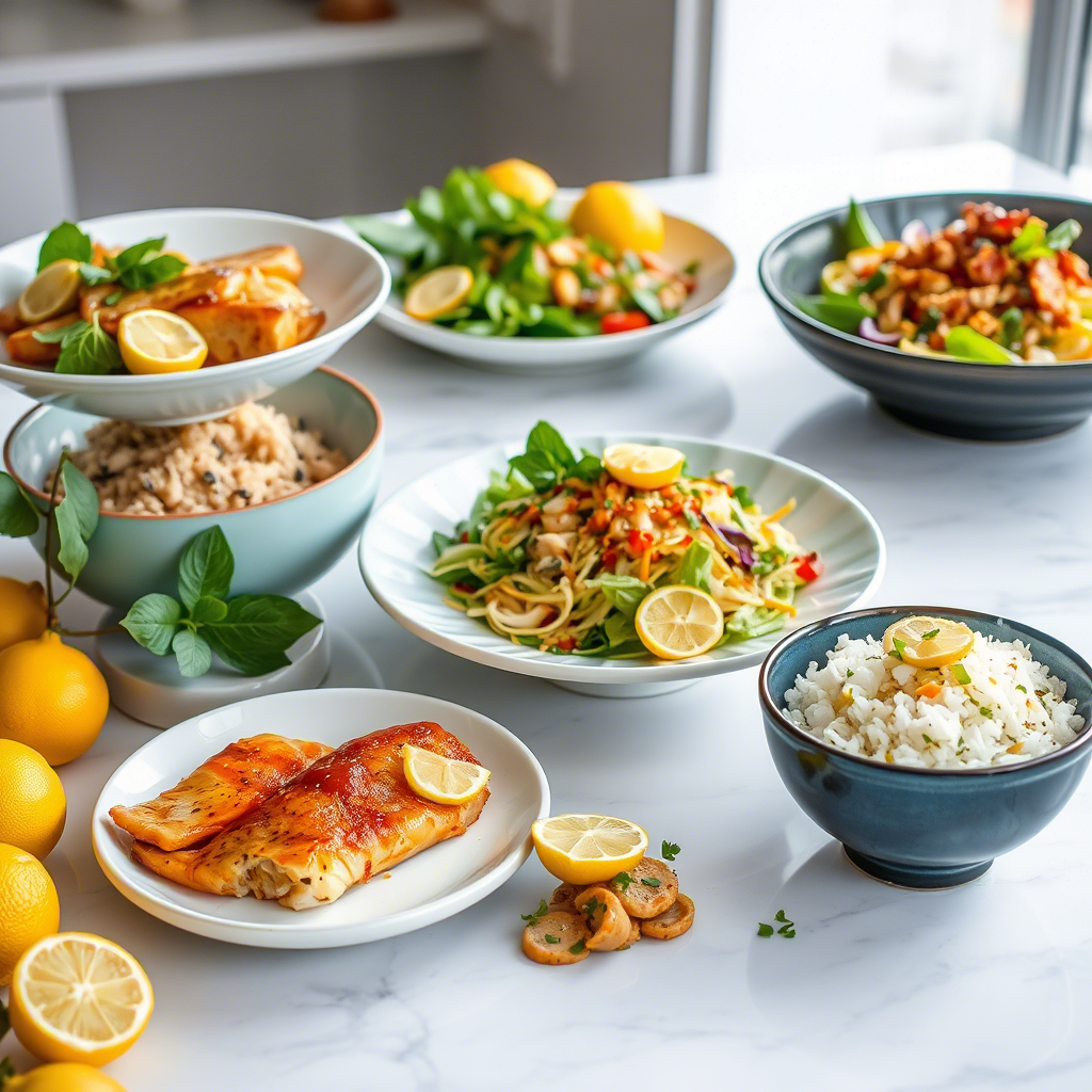 A table spread with various Yuzu Fruit in Asian-Inspired Dishes, each incorporating the tangy flavor of Yuzu fruit.