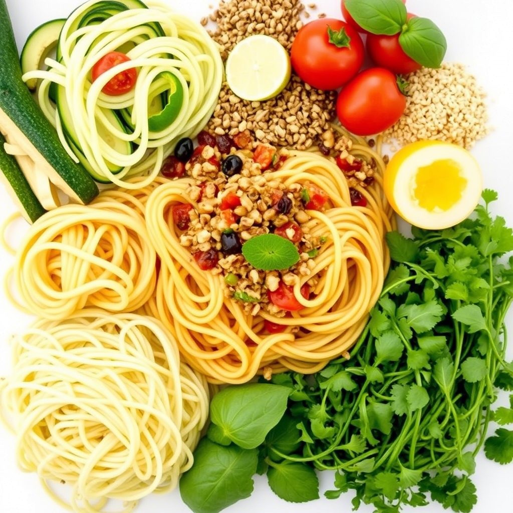 A vibrant image showcasing six different Alternative Pasta Recipes, including gluten-free and vegan options, beautifully arranged on a table. Explore the delicious world of Alternative Pasta Recipes for a healthier and more flavorful dining experience.