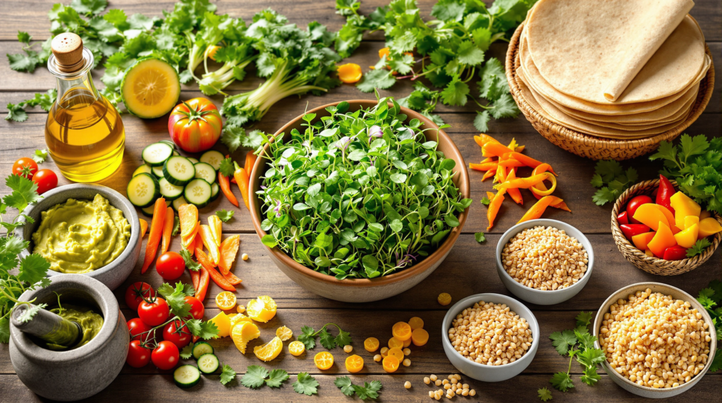 A vibrant array of fresh ingredients for Healthy Recipes with Microgreens, including microgreens, vegetables, grains, and tortillas, arranged on a rustic wooden table.