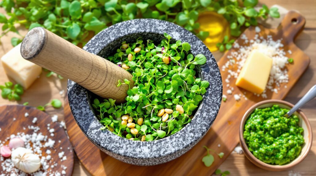 A mortar and pestle filled with fresh microgreens, pine nuts, and garlic, showcasing the preparation of Healthy Recipes with Microgreens.