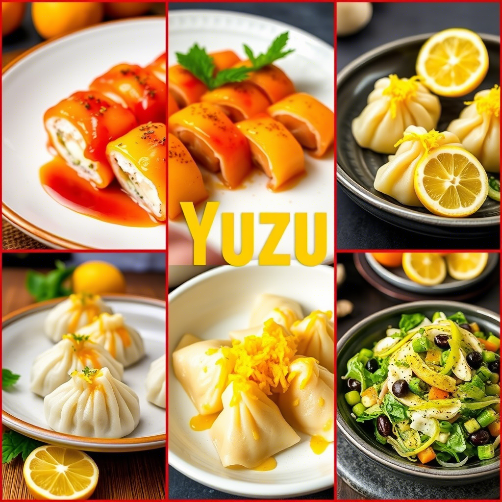 A collage of various Yuzu Fruit in Asian-Inspired Dishes, showcasing the tangy and refreshing flavor of Yuzu fruit in different culinary creations.