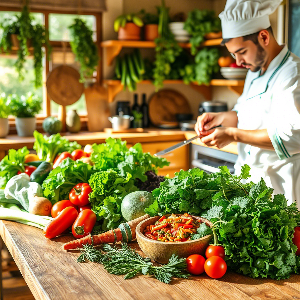 A chef preparing a fresh, healthy meal using locally sourced vegetables and herbs, emphasizing Anti-Inflammatory Cuisine with Local Ingredients.