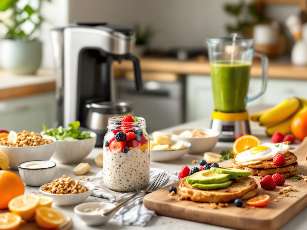  A collage of healthy breakfast options including oatmeal, smoothie bowls, and avocado toast, all prepared and ready for busy mornings. Healthy Recipes for Busy Mornings.