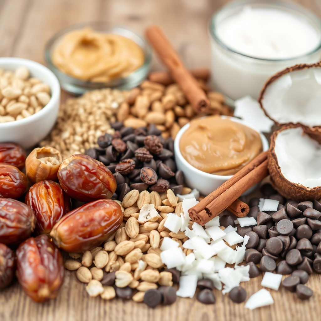 Image of a variety of healthy baking ingredients, including dates, oats, nuts, chocolate, coconut, and cinnamon, highlighting dates as a natural sweetener.