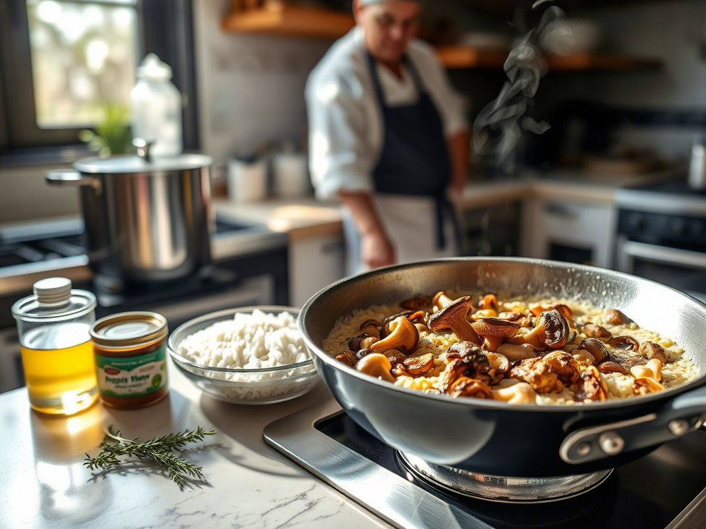  A chef preparing a dish using Foraged Wild Ingredient Recipes, featuring a pan of sautéed mushrooms and other wild ingredients on a modern kitchen counter.