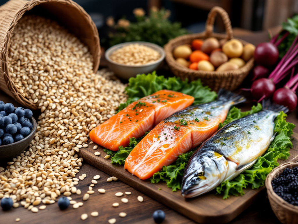 A collection of essential ingredients for Nordic Diet Recipes, such as salmon, cod, rye, barley, oats, potatoes, carrots, beets, blueberries, and lingonberries.