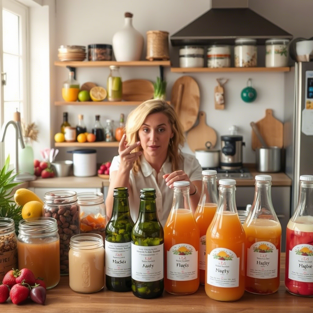 A woman presenting various low-cost homemade fermented drink recipes in a kitchen setting, showcasing jars and bottles with different beverages.