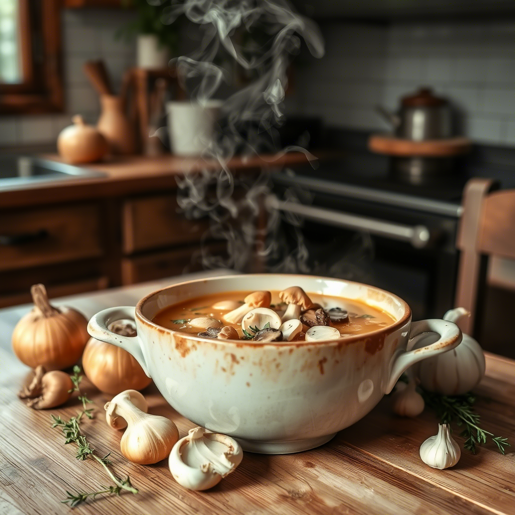 A steaming bowl of mushroom soup surrounded by fresh garlic, onions, and herbs on a rustic wooden table, showcasing local ingredients in an anti-inflammatory cuisine setting.