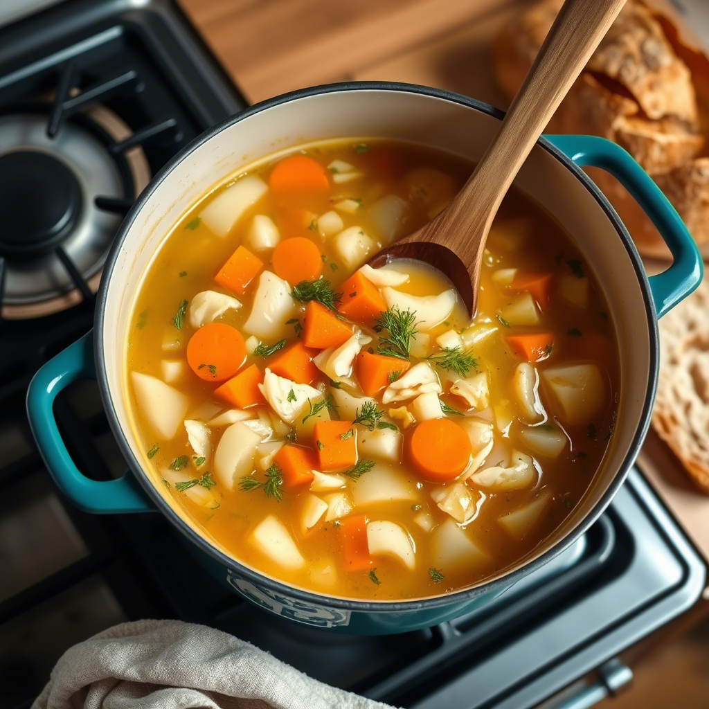 A pot of Nordic vegetable soup with carrots, potatoes, and dill, simmering on the stove.