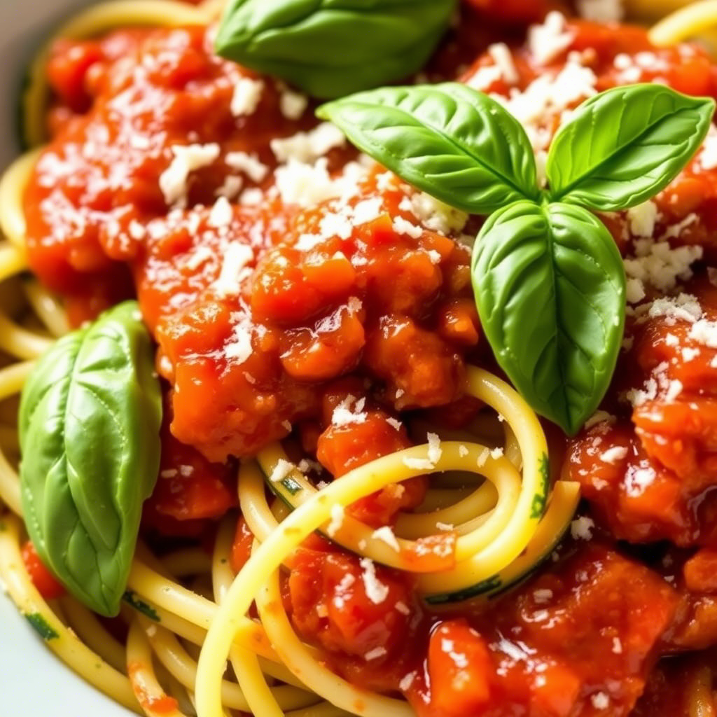 A plate of zucchini noodles topped with tomato sauce and fresh basil, showcasing one of the many Alternative Pasta Recipes available.