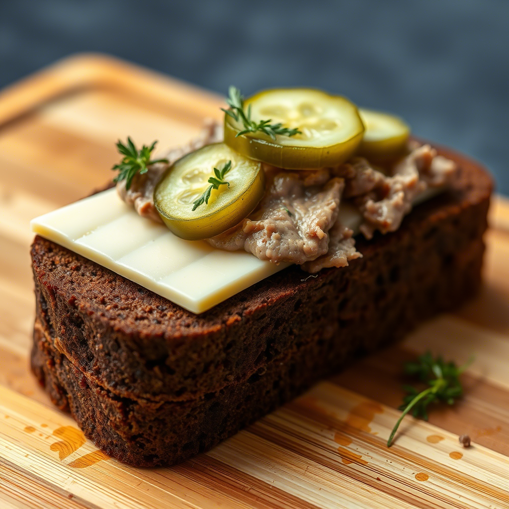 An open-faced sandwich on rye bread topped with cheese, pickles, and a meat spread, garnished with dill.