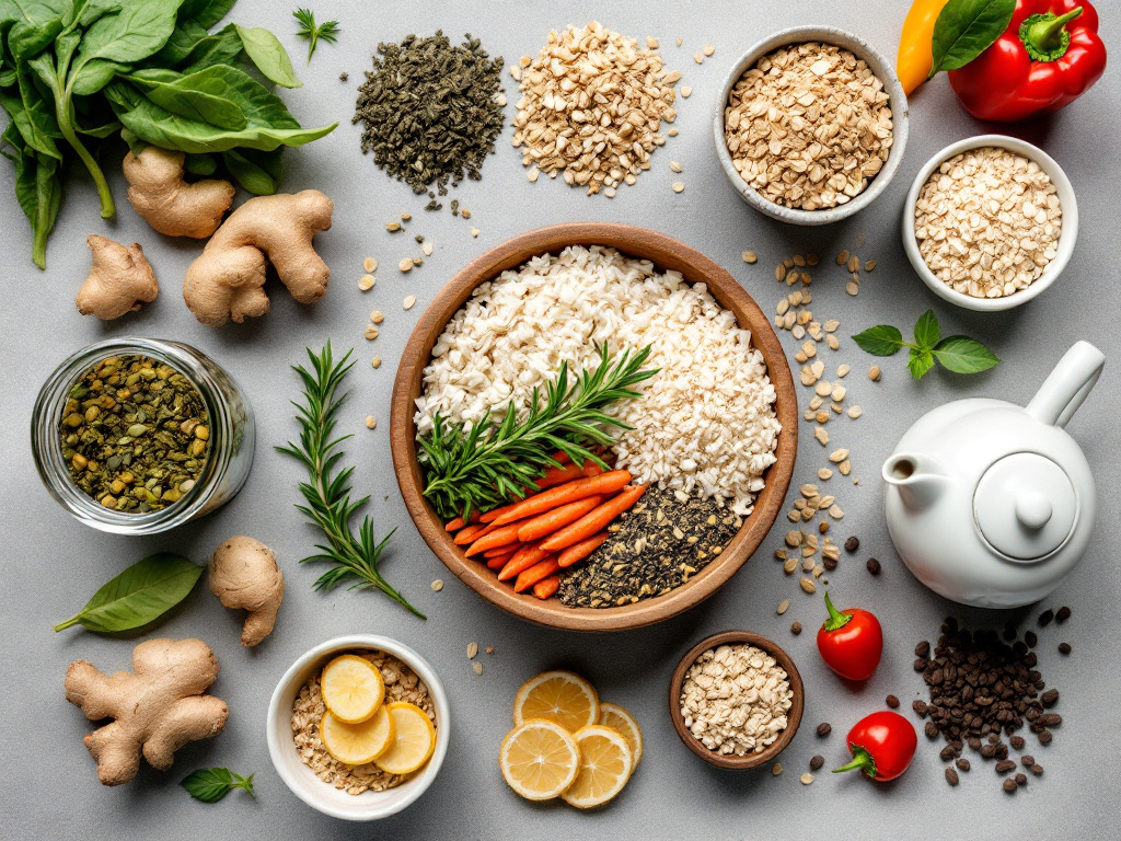 A beautifully arranged flat lay of essential ingredients for Tea-Based Recipes for Health, including a variety of teas, whole grains like rice, quinoa, and oats, fresh vegetables such as spinach, carrots, and bell peppers, protein sources like chicken, tofu, and eggs, spices including ginger, turmeric, and cinnamon, and healthy fats like olive oil and avocado. The arrangement is visually appealing, with a neutral background to highlight the freshness and variety of the ingredients.