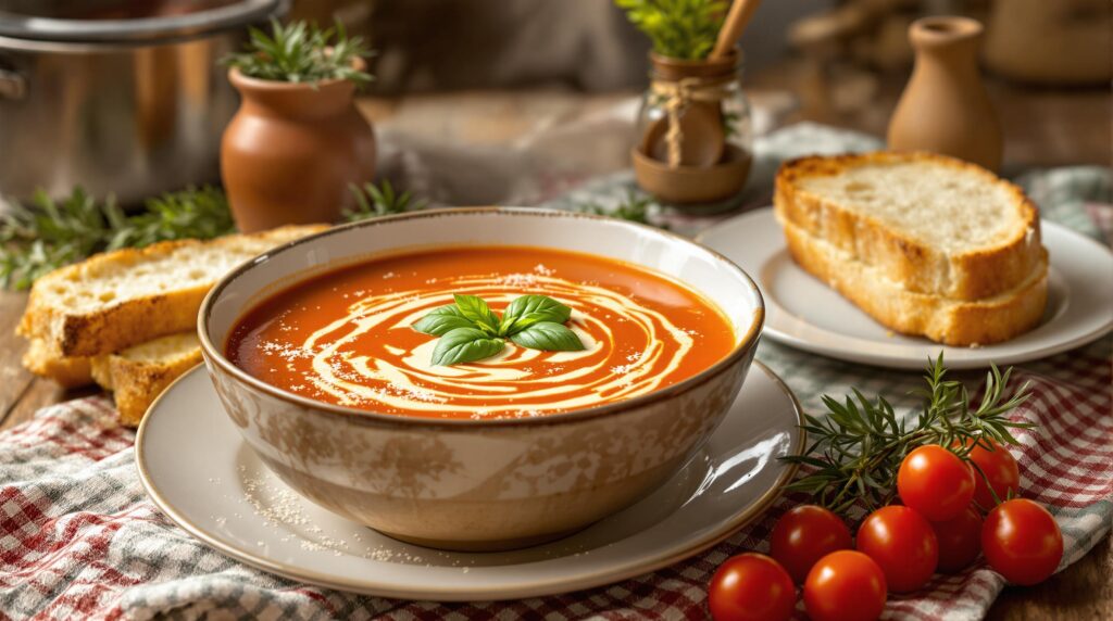 A bowl of creamy tomato soup garnished with fresh basil and a swirl of cream, served with slices of toasted bread on the side, accompanied by fresh tomatoes and herbs.